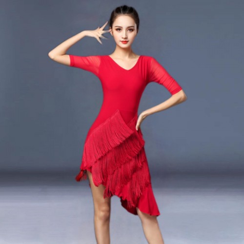 Women girls black red fringe latin dance costumes tassels flowy salsa rumba chacha latin dancing dresses skirts for female
